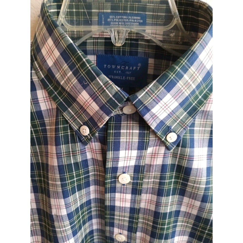 TownCraft Wrinkle Free Shirt Blue Green Stripe Short Sleeve Size M